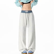 特批P35无差价2025高级感格子撞色腰拼接时尚中性宽松拖地裤K1943，男装休闲裤，电商A001