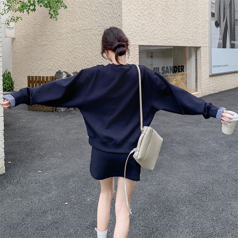 韩版时尚格纹拼接休闲卫衣套装女2025春秋季新款显瘦短裙子两件套,女装套装/套裙,C位