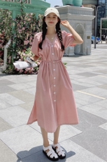 2024新款现货粉色宽松V领长裙212A-628-P115-K168，女装连衣裙，浙宝212A