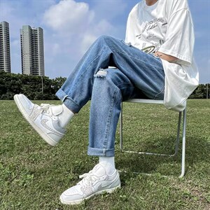 牛仔裤男夏季潮大码休闲裤子高街设计N321P38图片