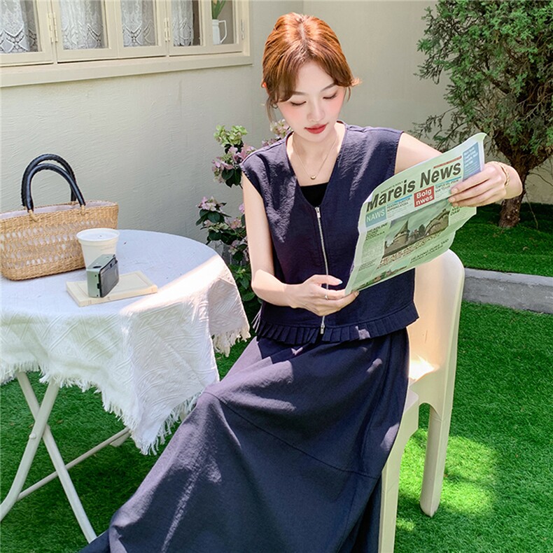 韩系藏青色休闲套装女2025夏季新款气质V领花边马甲半身裙两件套,女装套装/套裙,2C217