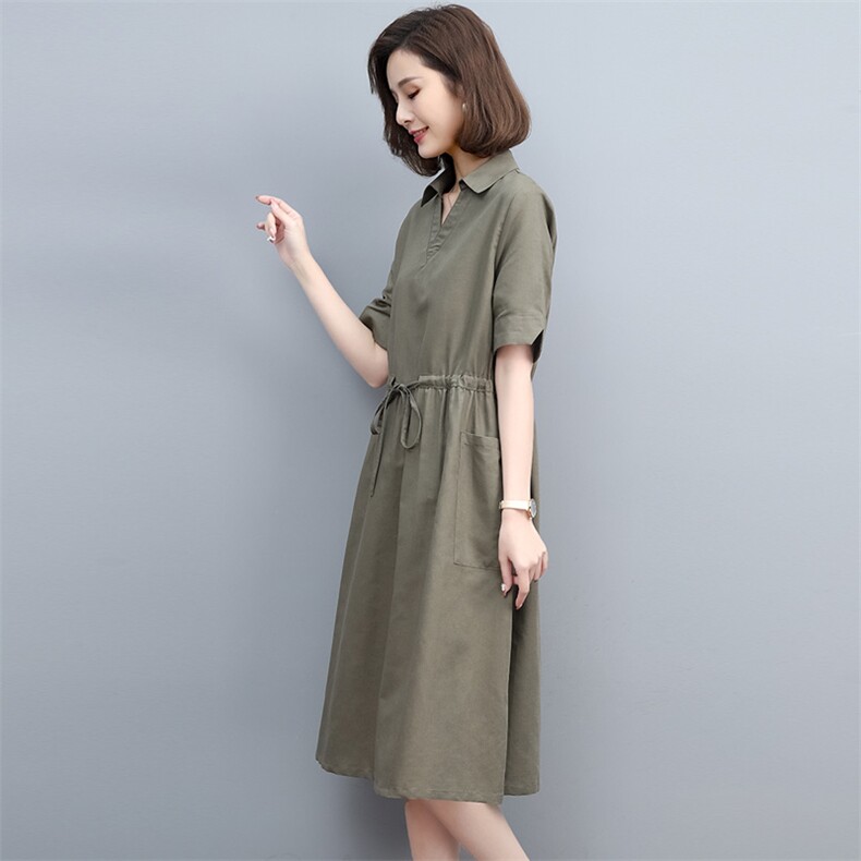 夏季棉麻中长连衣裙V领宽松显瘦系带真口袋咖啡中年妈妈大码裙子,女装连衣裙,丽影随形