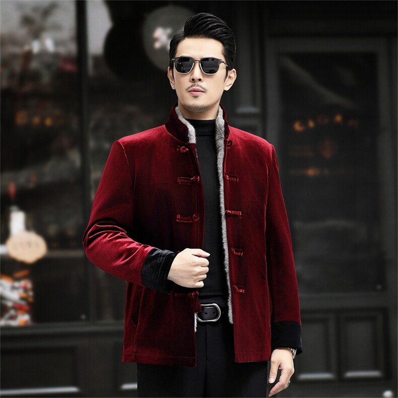 风唐装中老年金丝绒水貂皮草外套男士可脱卸水貂皮草内胆，男装民族服装，钱塘723