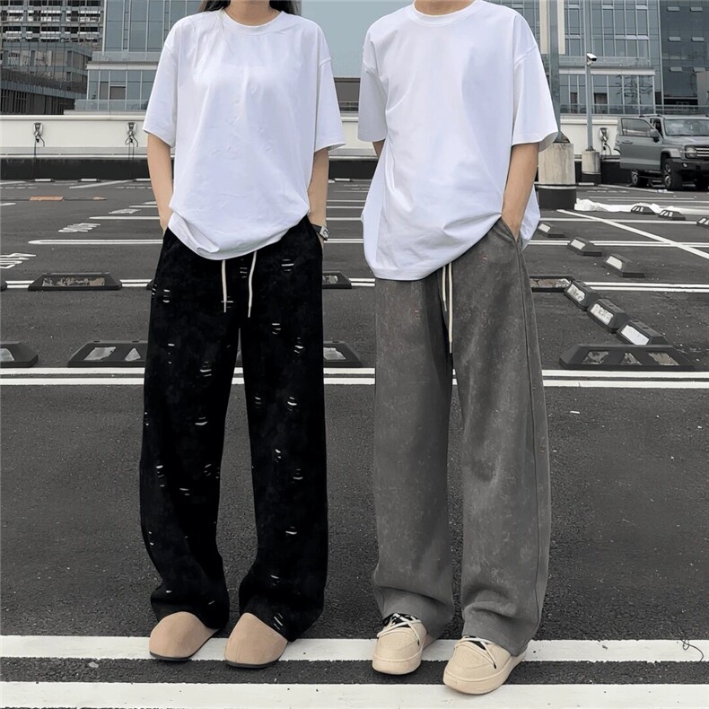 早秋新款美式破坏撞色休闲裤宽松阔腿直筒男女同款重磅卫裤弯刀裤,男装休闲裤,四季星座505