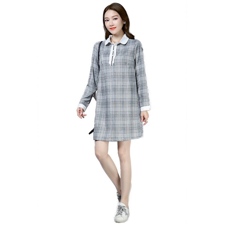 格子舒适时尚连衣裙气质排扣2021年春季POLO领韩版,女装连衣裙,独衣靓