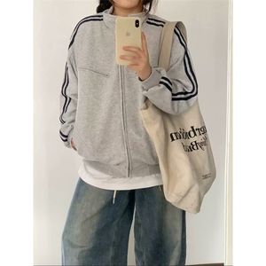 632-P49 美式复古条纹卫衣外套女秋冬潮牌街头两道杠宽松百搭图片