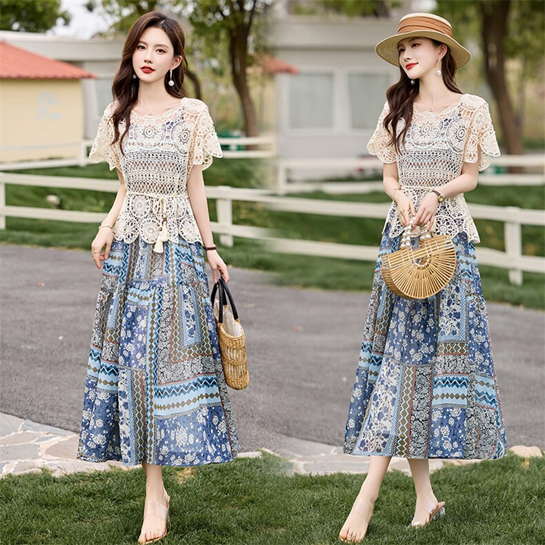 碎花吊带套装连衣裙女夏季法式复古波西米亚度假风显瘦裙子两件套，女装套装/套裙，鑫鑫美