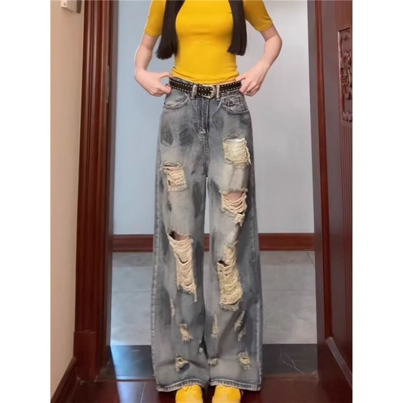 美式复古扎染阔腿破洞牛仔裤女新款废土风水洗拖地长裤LA1311-P50图片