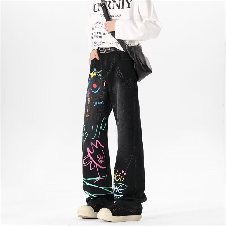 复古手绘涂鸦弯刀牛仔裤男潮牌痞帅裤子美式高街牛仔裤NA462-P50，男装牛仔裤，星座208-5