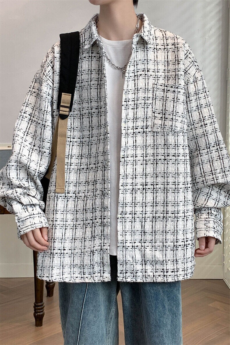 春款小香风男夹克衬衫长袖宽松格子衬衣休闲外套A012/8811TP45,男装夹克,电商A012