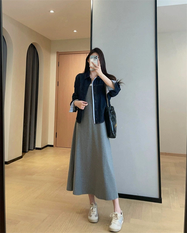 秋冬季复古蓝拼接格纹设计感翻领显瘦牛仔衬衫外套,女装衬衫,湘姗