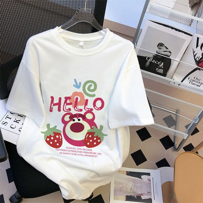 T0632-P25 爆火草莓熊纯棉印花短袖 学院风学生初高中生上衣图片