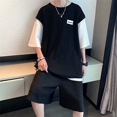 华夫格短袖t恤套装男生五分裤子休闲运动潮流夏季两件套TZ014-P45，男装休闲套装，星座1008-1