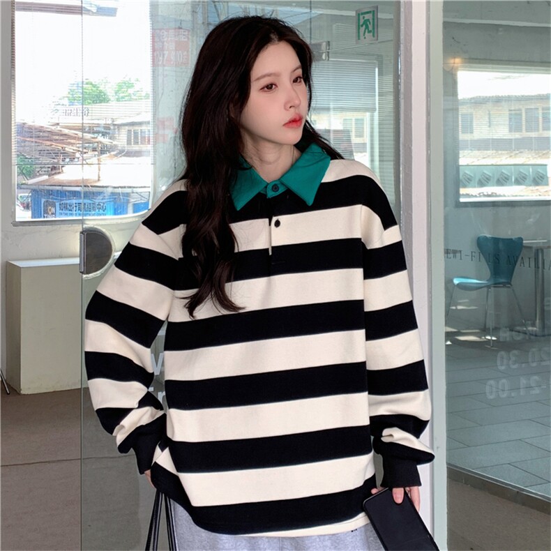 D552-P42条纹插色POLO领卫衣宽松秋季长袖男女同款,男装Polo衫,星座911