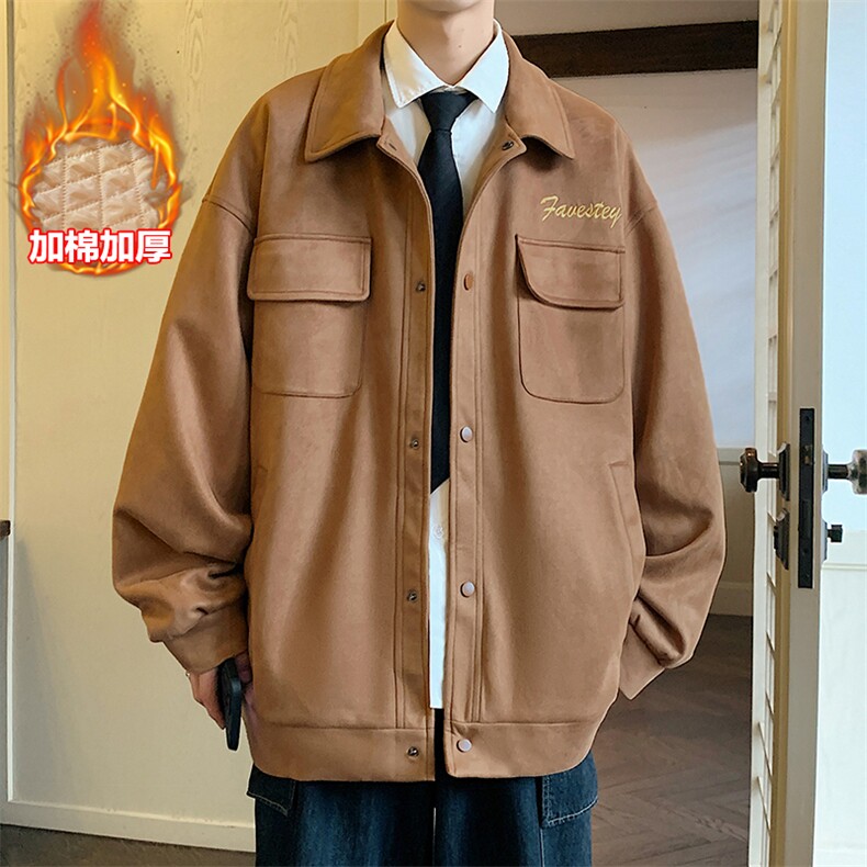 麂皮绒多口袋棉服宽松翻领加棉夹克男大码小众外套J611J加棉-P85,男装棉衣,电商A001-1