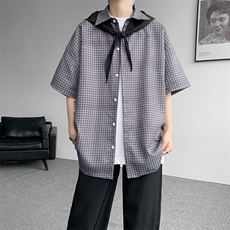 8XL-M短袖衬衫男夏宽松慵懒风痞帅条纹格子衫半袖外套DC28005P40，男装衬衫，电商B312