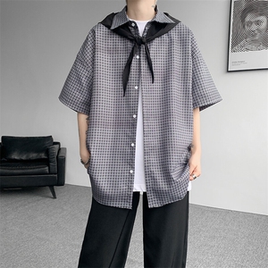 8XL-M短袖衬衫男夏宽松慵懒风痞帅条纹格子衫半袖外套DC28005P40图片