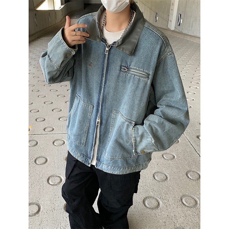 新款皮领拼接拉链款牛仔外套春秋季男款潮牌夹克,男装工装外套,星座410-6（原星座1304-1）