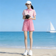 韩版运动休闲套装女夏季新款时髦减龄条纹Polo领上衣阔腿裤两件套，女装套装/套裙，江南