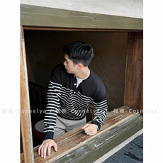 亨利领假两件慵懒肌理感套头毛衣男宽松条纹长袖T恤打底衫，男装T恤，星座1210-1