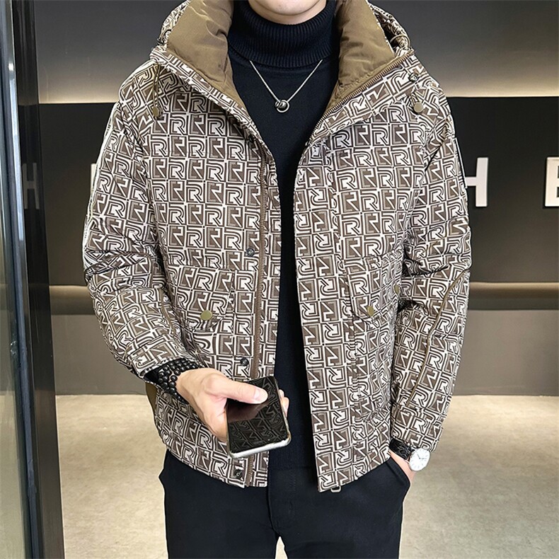 工装字母满印花羽绒服男 新款设计感连帽外套 A329-YR9865-P185图片