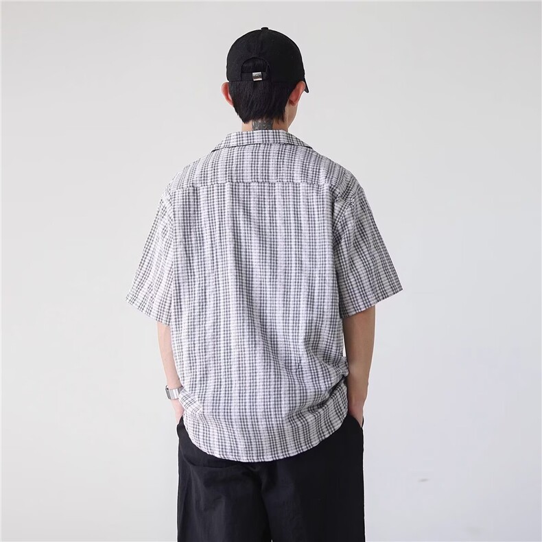 夏天日系古巴领小格子衬衫男女生学院风短袖小清新休闲宽松衬衣潮,男装T恤,星座1210-1