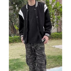 情侣款棒球服春季美式复古黑白拼接夹克外套男宽松潮流百搭飞行服图片