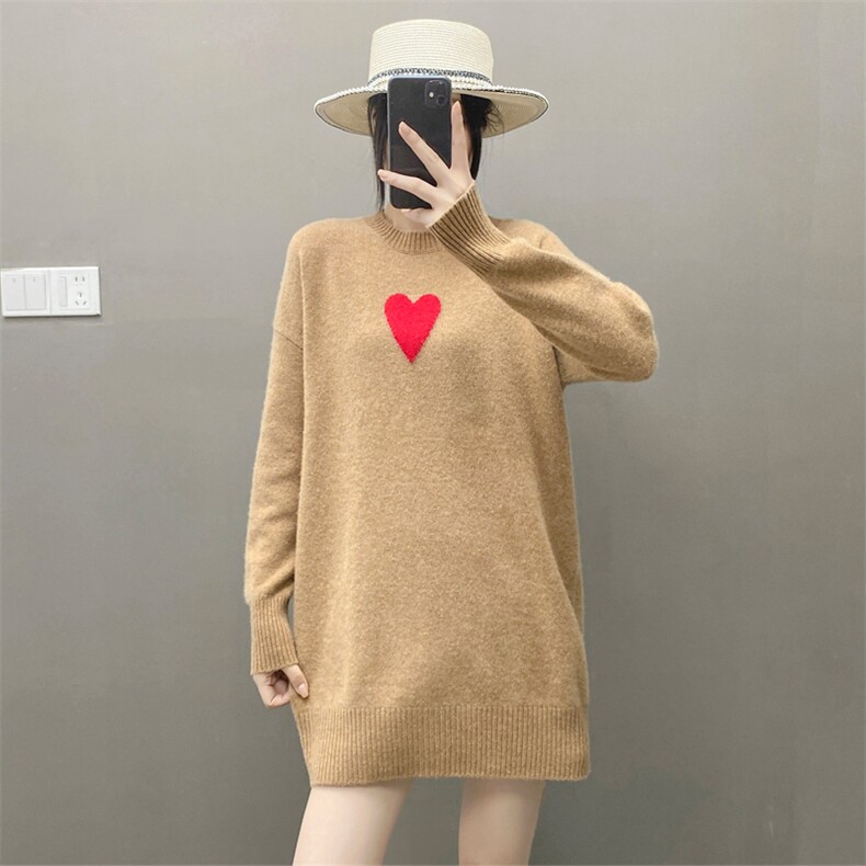 欧货慵懒软糯纯山羊绒衫女中长款毛衣圆领爱心宽松加厚针织连衣裙,女装羊绒衫,织绒羊