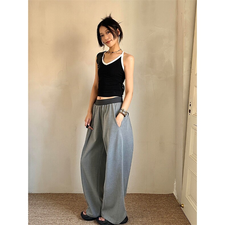 秋冬新款撞色松紧腰设计灰色宽松褶皱宽松阔腿休闲西裤，男装西裤，星座506A