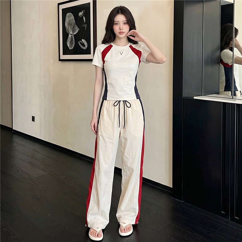 韩版时尚休闲套装女夏季新款高级感圆领撞色拼接上衣阔腿裤两件套,女装套装/套裙,江南