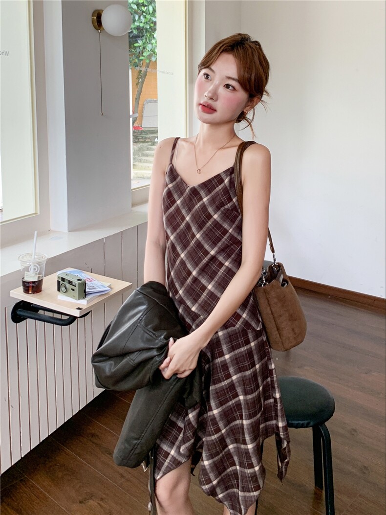 美式复古皮夹克修身+格子吊带裙两件套装2C267-927-P175-K268,女装套装/套裙,茵姿媚