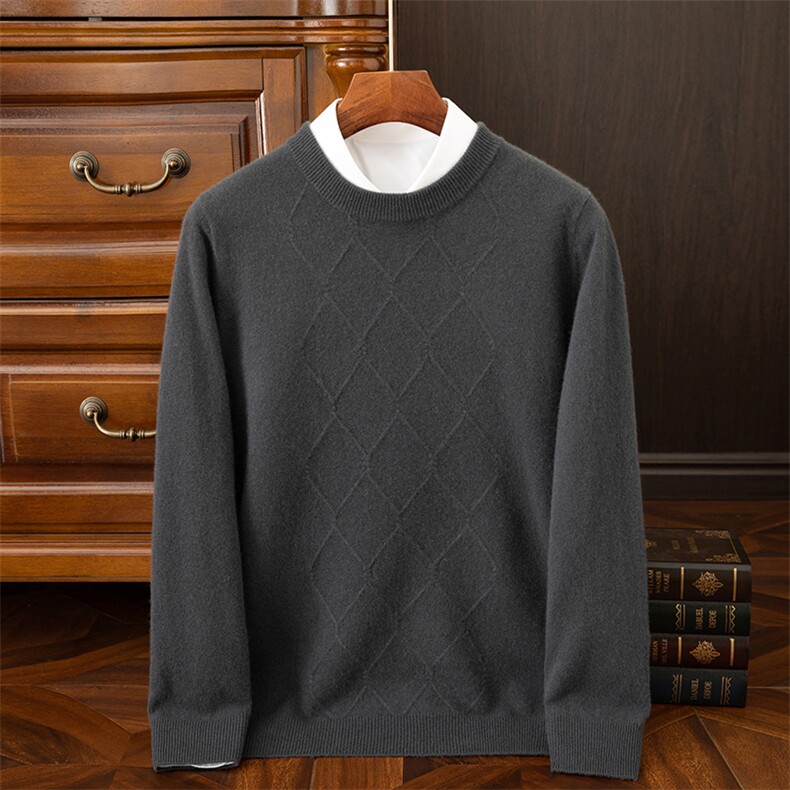 经典菱形格纹羊绒开衫男高端保暖时尚百搭优雅绅士必备，男装羊绒开衫，吉高羊绒