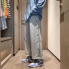 排扣裤子男潮牌腰果花拼接假两件休闲裤宽松直筒阔腿卫裤K78-P40，男装休闲裤，星座1008-1