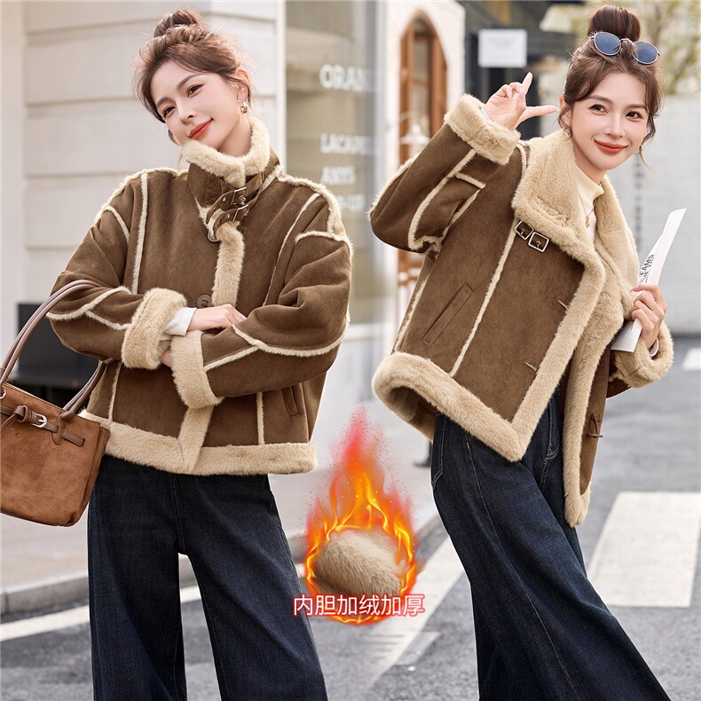 现货2025年冬季新款加绒加厚羊糕毛皮毛一体外套，女装棉衣/棉服，盈茜