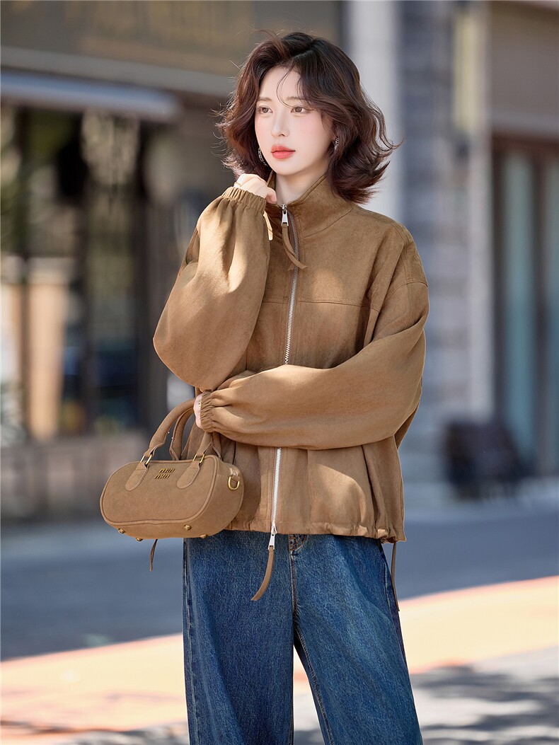 咖色美式复古立领麂皮绒外套女2026早春新款韩版宽松百搭短款夹克,女装短外套,梦懿尔