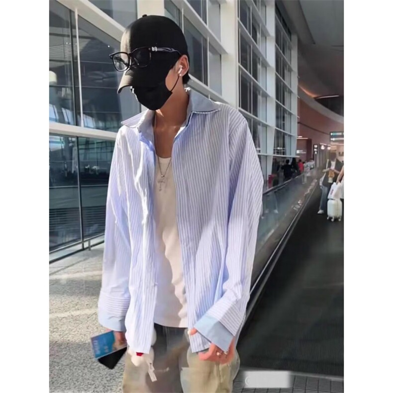 衬衫男长袖港风日系薄款宽松秋季高级条纹潮ins休闲衬衣男士外套，男装衬衫，星座506A