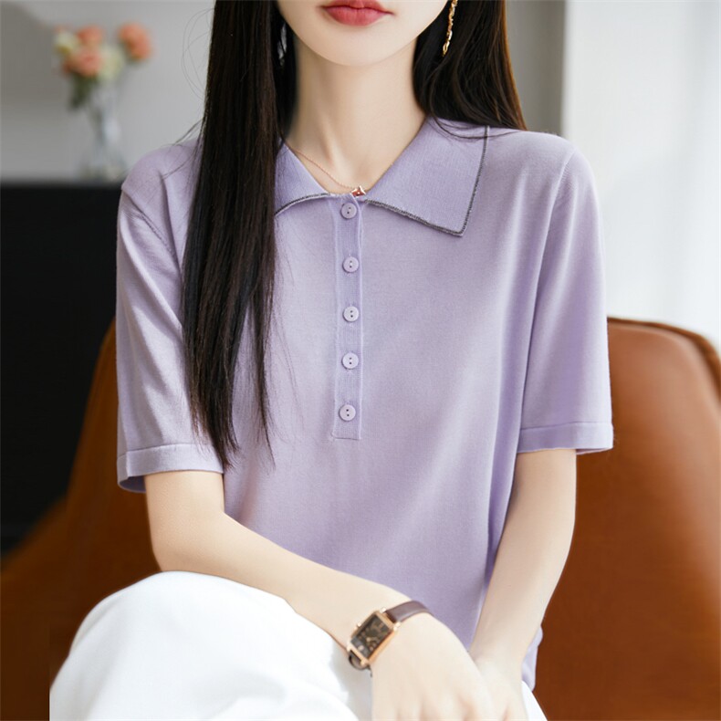 天丝polo衫女2025夏季宽松烫钻薄款正肩短袖翻领针织衫上衣t恤新,女装T恤,昭美羊绒