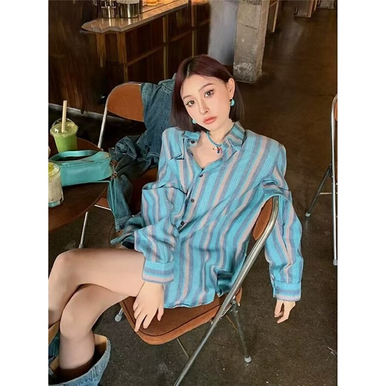 条纹撞色防晒衬衫女夏季中长款宽松bf慵懒风盐系休闲开衫衬衣外套,男装衬衫,星座1210-1