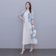 连衣裙披肩两件套夏季新款印花无袖裙外搭披肩雪纺衫，女装连衣裙，秀美人生
