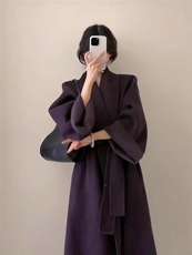 港风复古冬新款v领赫本风气质韵味系带长款羊毛外套(配，女装双面呢大衣，依嘟服饰