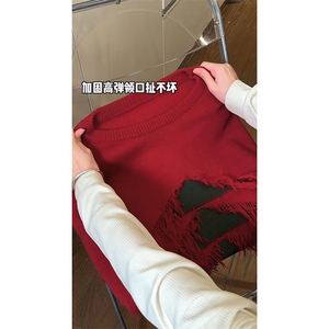 红色圣诞毛衣男秋冬加厚美式复古设计感潮牌流苏针织衫慵懒风外套图片