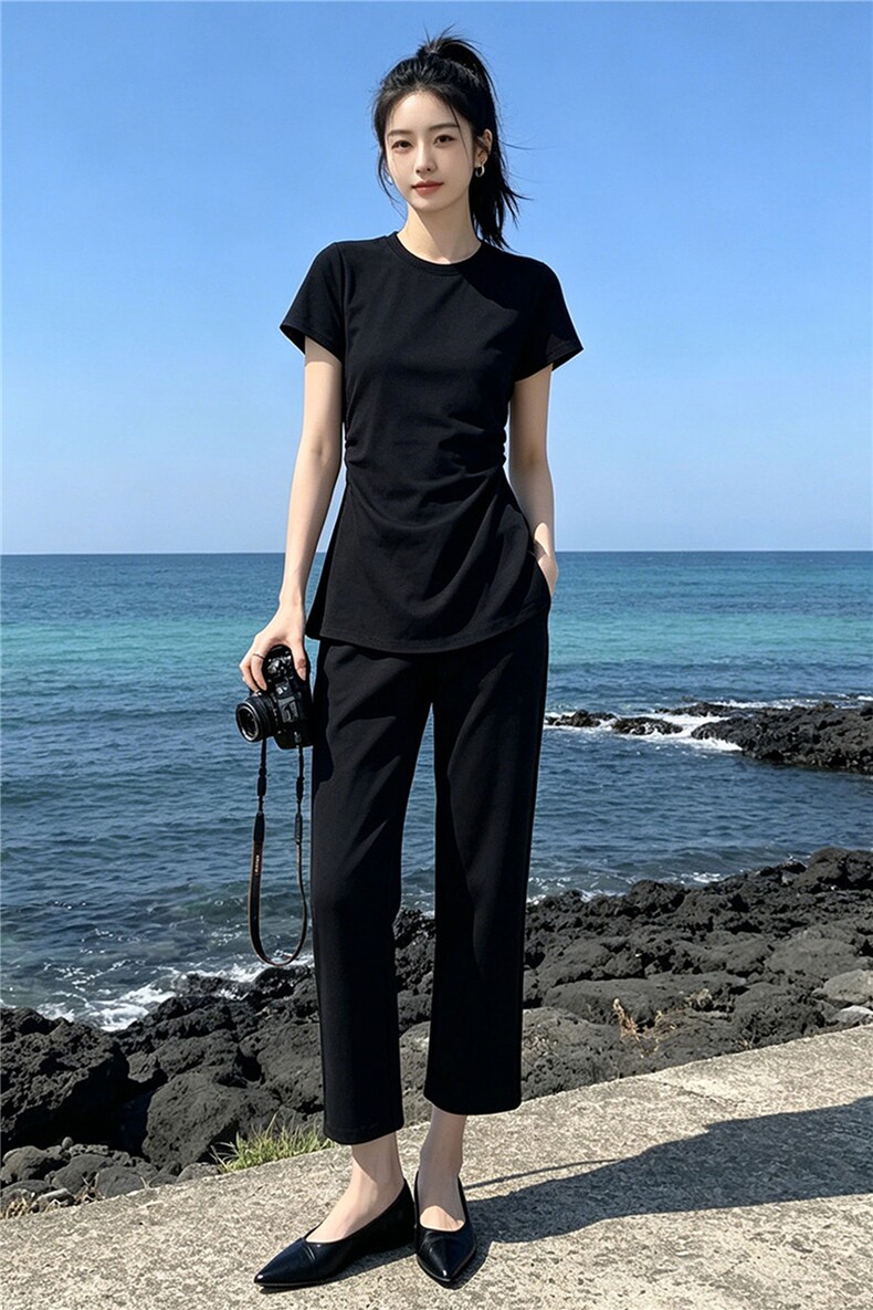 韩系时尚气质套装女夏季新款圆领褶皱收腰上衣双口袋直筒裤两件套,女装套装/套裙,江南