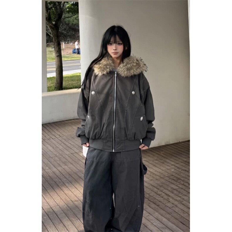 现货重磅boxy短款棉衣座山雕大毛毛领男女棉服水洗工装厚外套,男装棉衣,电商A486