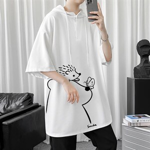 LD54166-P45 连帽短袖t恤男大码胖子带帽五分袖中袖图片