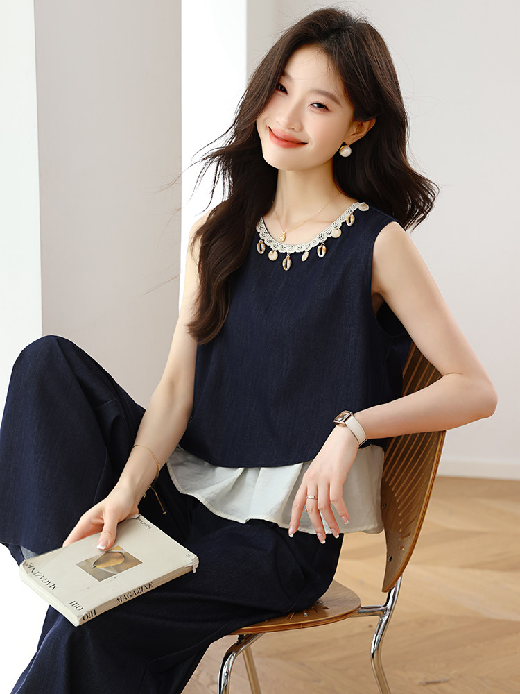 时尚松弛感穿搭背心套装女2025夏季新款拼接无袖上衣阔腿裤两件套,女装套装/套裙,婷轩阁