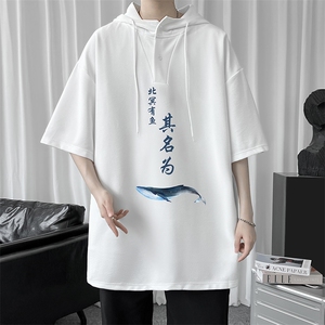 LD54261-P45 连帽短袖t恤男大码胖子带帽五分袖中袖图片