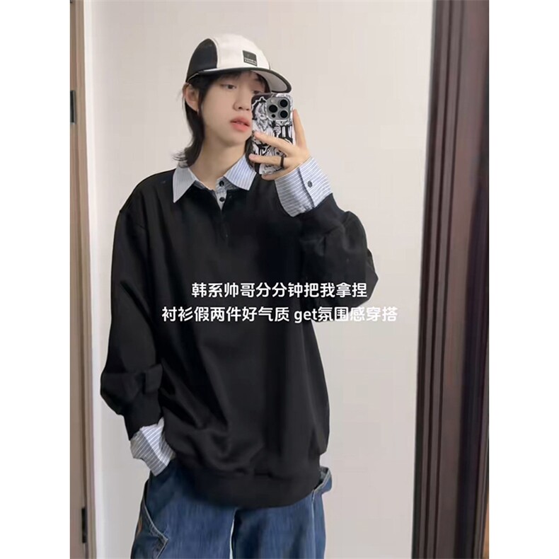抖音得物高品质26春装美式高街假两件衬衫领长袖卫衣POLO领打底衫,男装T恤,电商A486