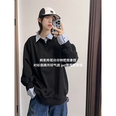 抖音得物高品质26春装美式高街假两件衬衫领长袖卫衣POLO领打底衫，男装T恤，电商A486