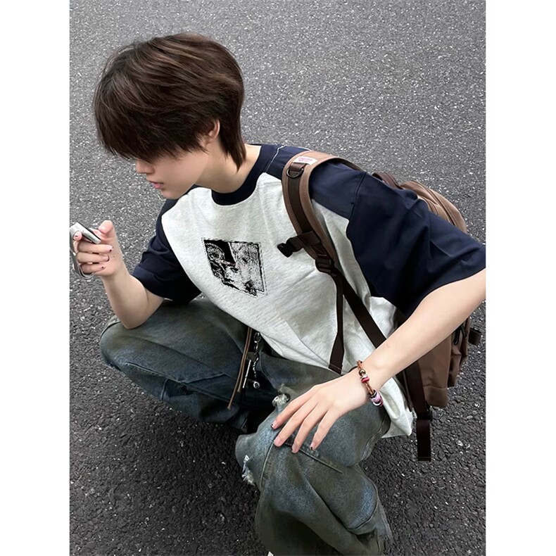 抖音得物高品质二开240克宽松纯棉美式潮牌插肩袖拼接短袖T恤，男装T恤，电商A486