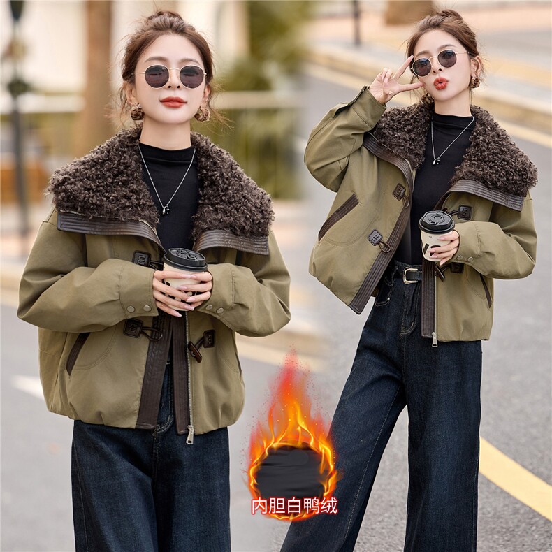 现货工装大翻领短款羽绒服女2026冬季新款加厚保暖派克服外套,女装羽绒服,美沁